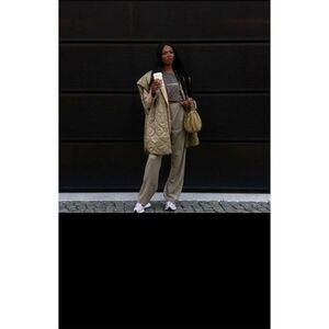 H&M Quilted Oversized‎ Longline Puffer Vest Khaki Green Size XS/S Runs Big